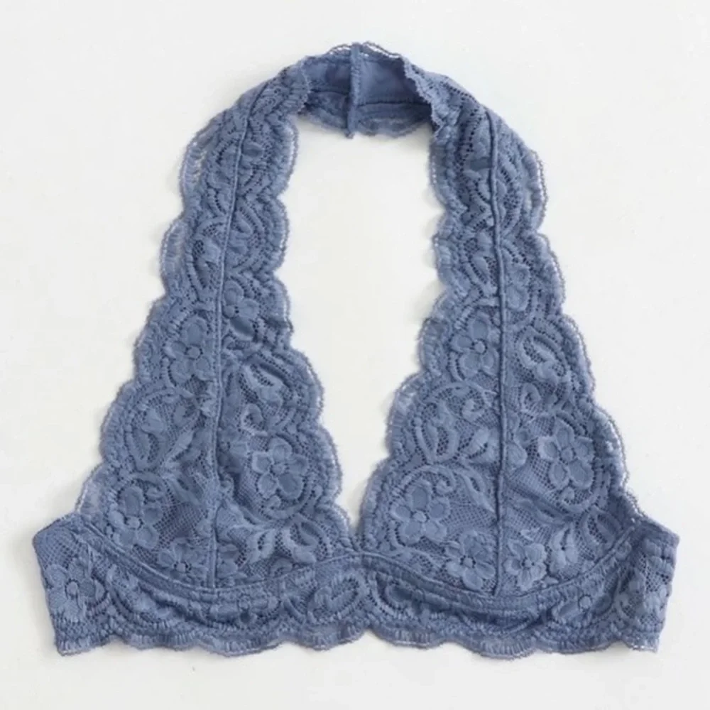 Blue lace halter neck bralette adjustable back